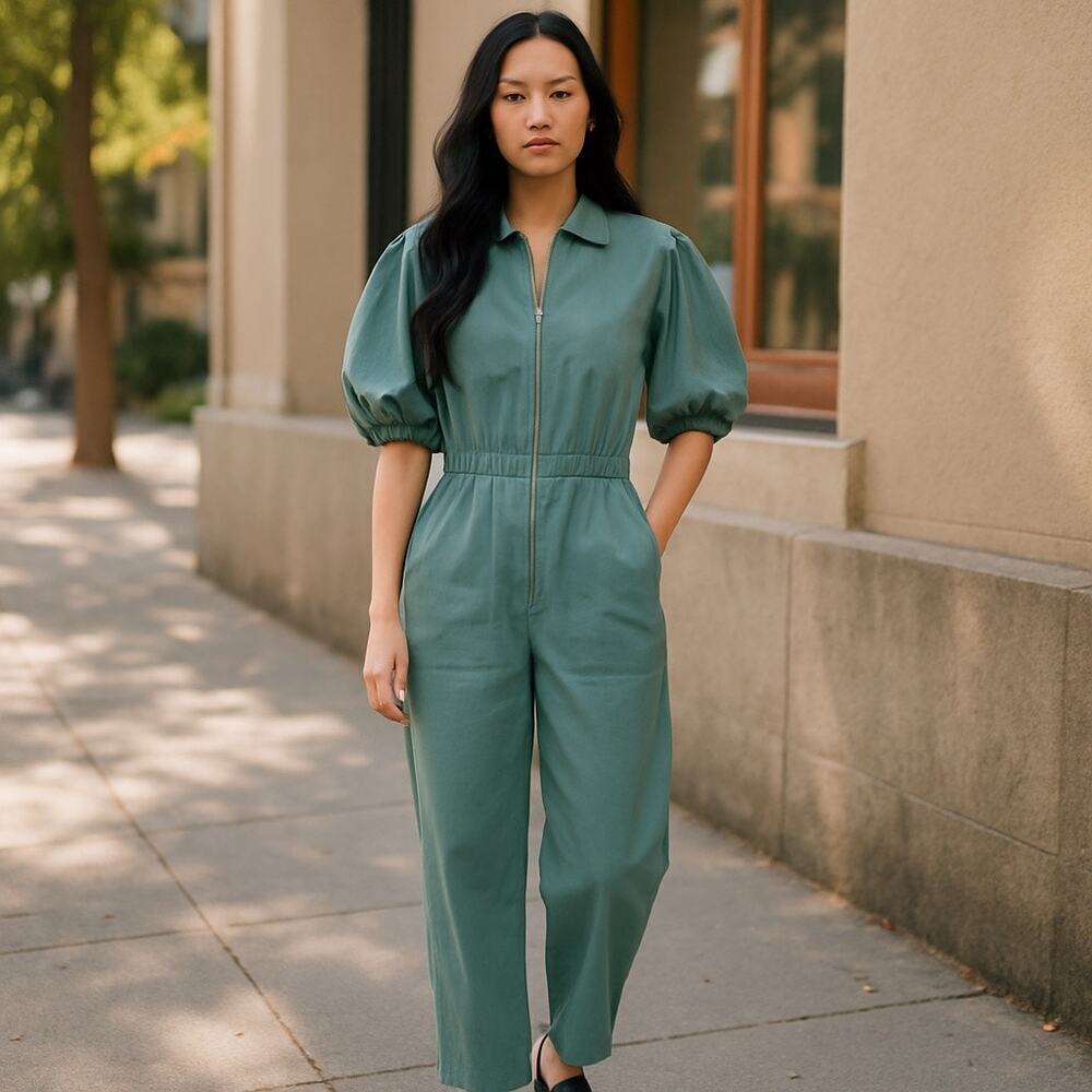 Sea New York Women's Sea Blue Ny Sia Puff Sleeves Cotton Jumpsuit Size 12 NWT